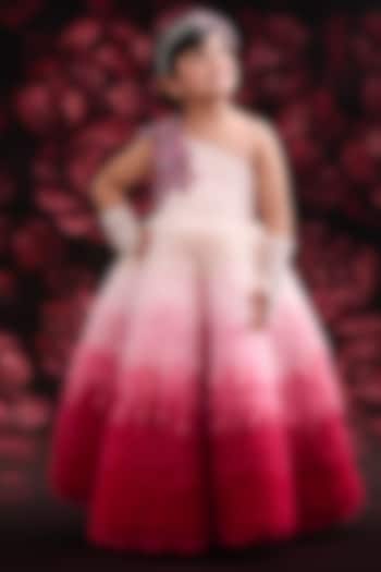 Hot Pink Net & Dutch Satin Embroidered Gown For Girls by Pooja Wang at Pernia's Pop Up Shop