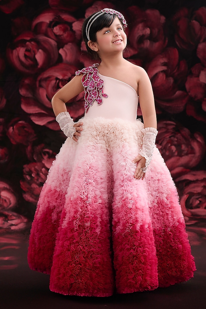 Hot Pink Net & Dutch Satin Embroidered Gown For Girls by Pooja Wang at Pernia's Pop Up Shop