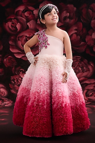Hot Pink Net & Dutch Satin Embroidered Gown For Girls by Pooja Wang