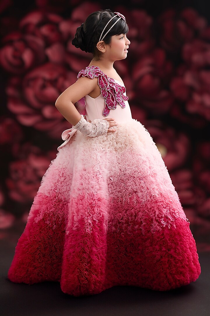 Hot Pink Net & Dutch Satin Embroidered Gown For Girls by Pooja Wang at Pernia's Pop Up Shop