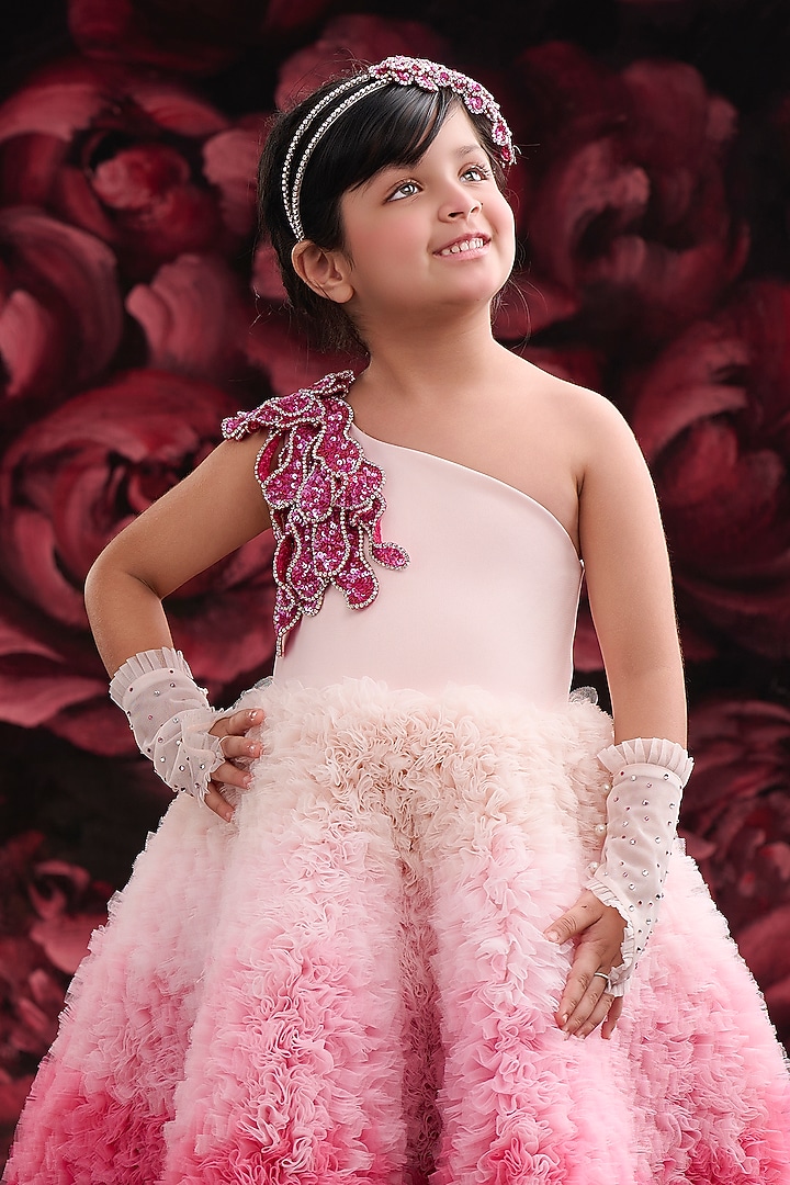 Hot Pink Net & Dutch Satin Embroidered Gown For Girls by Pooja Wang at Pernia's Pop Up Shop