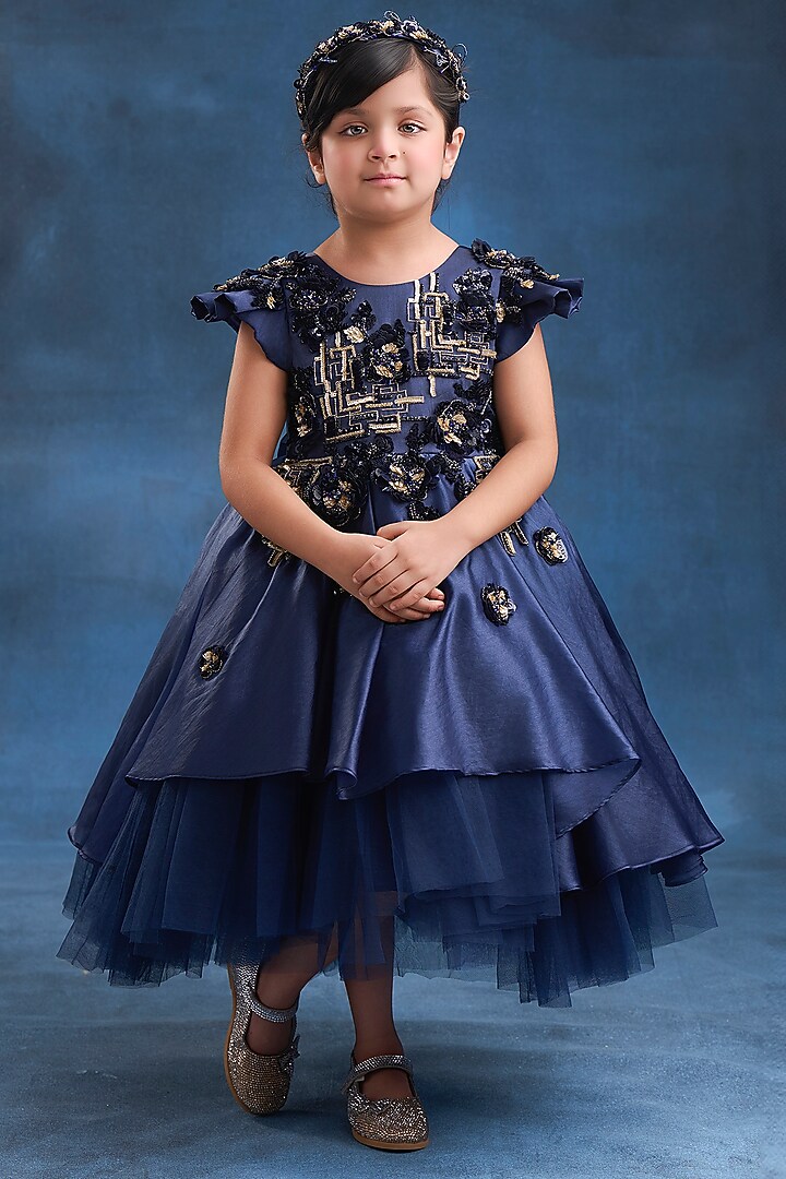 Royal Blue Organza Tissue Embroidered Gown For Girls by Pooja Wang at Pernia's Pop Up Shop