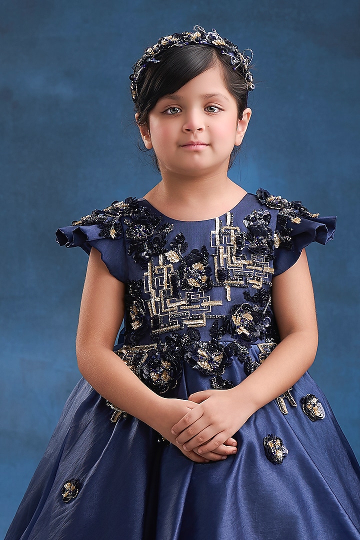 Royal Blue Organza Tissue Embroidered Gown For Girls by Pooja Wang at Pernia's Pop Up Shop