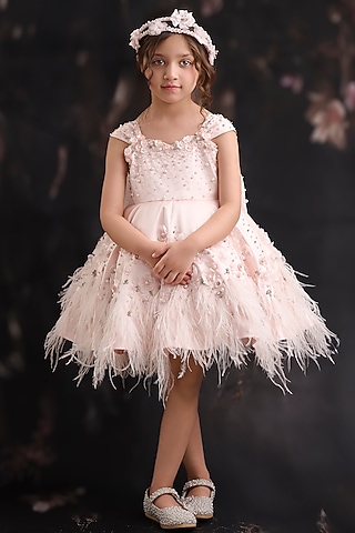 Onion Pink Dutch Satin Embroidered Dress For Girls by Pooja Wang