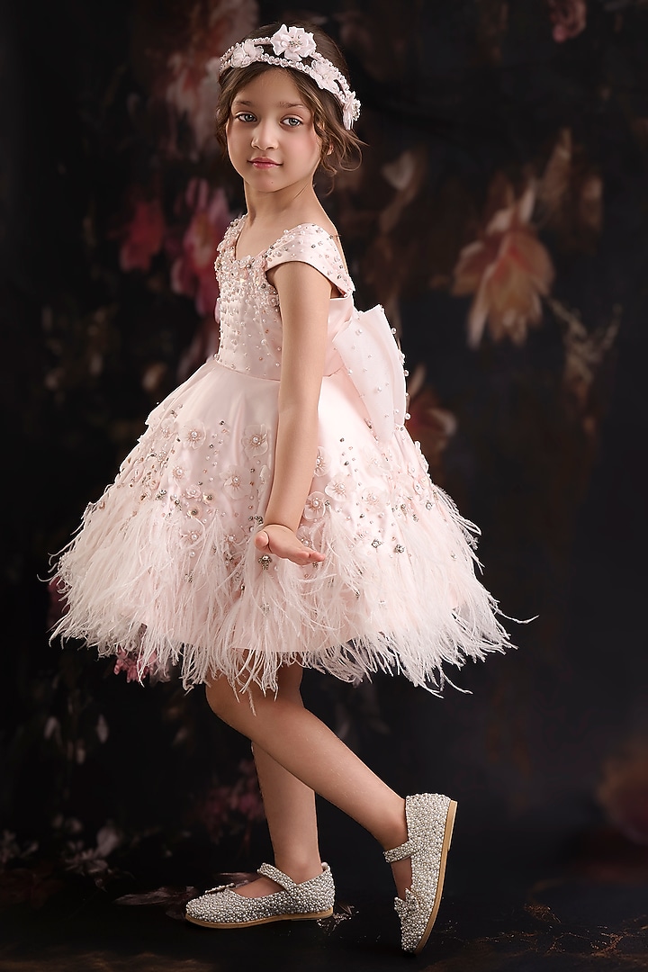 Onion Pink Dutch Satin Embroidered Dress For Girls by Pooja Wang at Pernia's Pop Up Shop