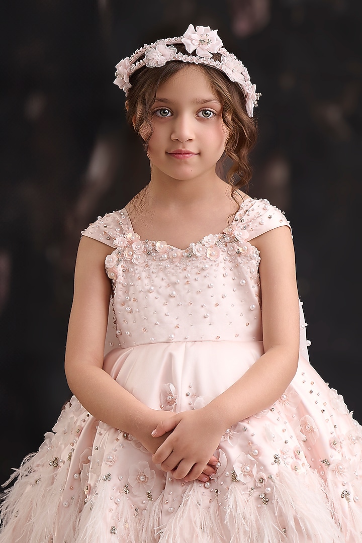 Onion Pink Dutch Satin Embroidered Dress For Girls by Pooja Wang at Pernia's Pop Up Shop