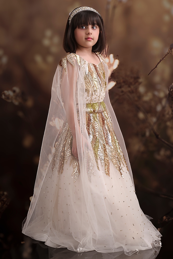 Champagne Net Embroidered Lehenga Set For Girls by Pooja Wang at Pernia's Pop Up Shop