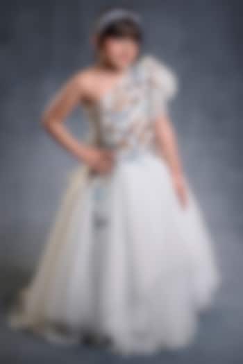 Ice Blue Net Embroidered Gown For Girls by Pooja Wang at Pernia's Pop Up Shop