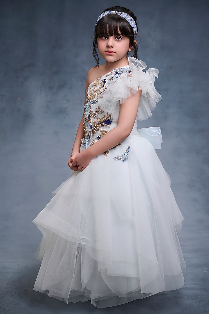 Ice Blue Net Embroidered Gown For Girls by Pooja Wang at Pernia's Pop Up Shop