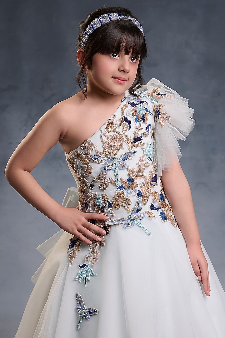 Ice Blue Net Embroidered Gown For Girls by Pooja Wang at Pernia's Pop Up Shop