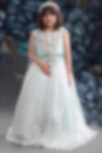 Ice Blue Organza Tissue Embroidered Lehenga Set For Girls by Pooja Wang at Pernia's Pop Up Shop