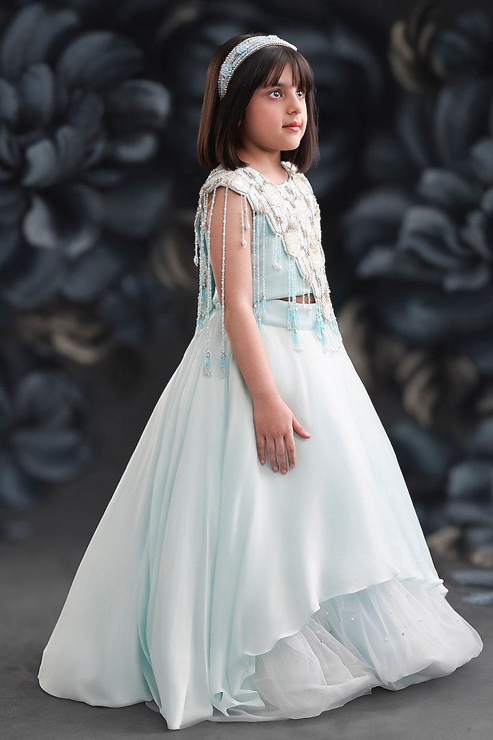 Ice Blue Organza Tissue Embroidered Lehenga Set For Girls by Pooja Wang at Pernia's Pop Up Shop