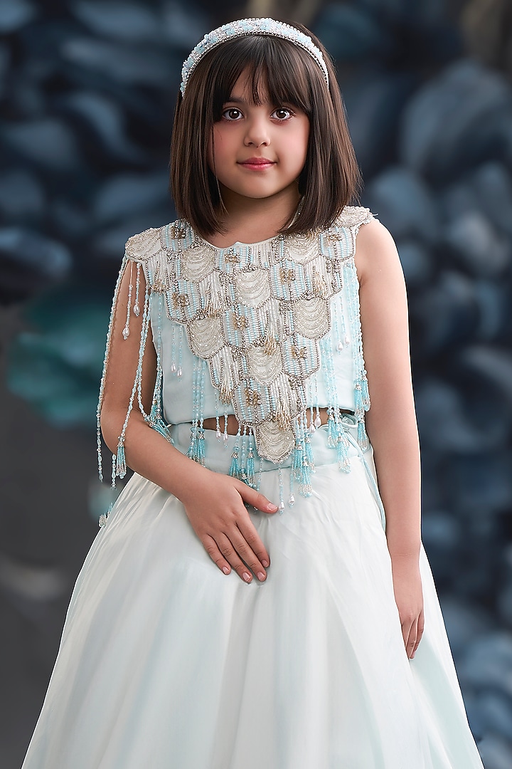 Ice Blue Organza Tissue Embroidered Lehenga Set For Girls by Pooja Wang at Pernia's Pop Up Shop