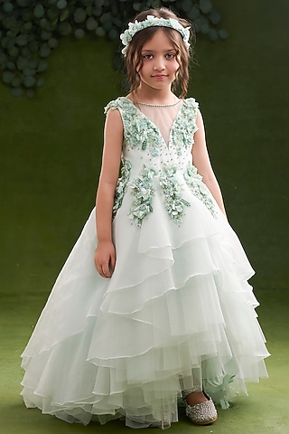 Green Organza Tissue Floral Embellished Gown For Girls by Pooja Wang