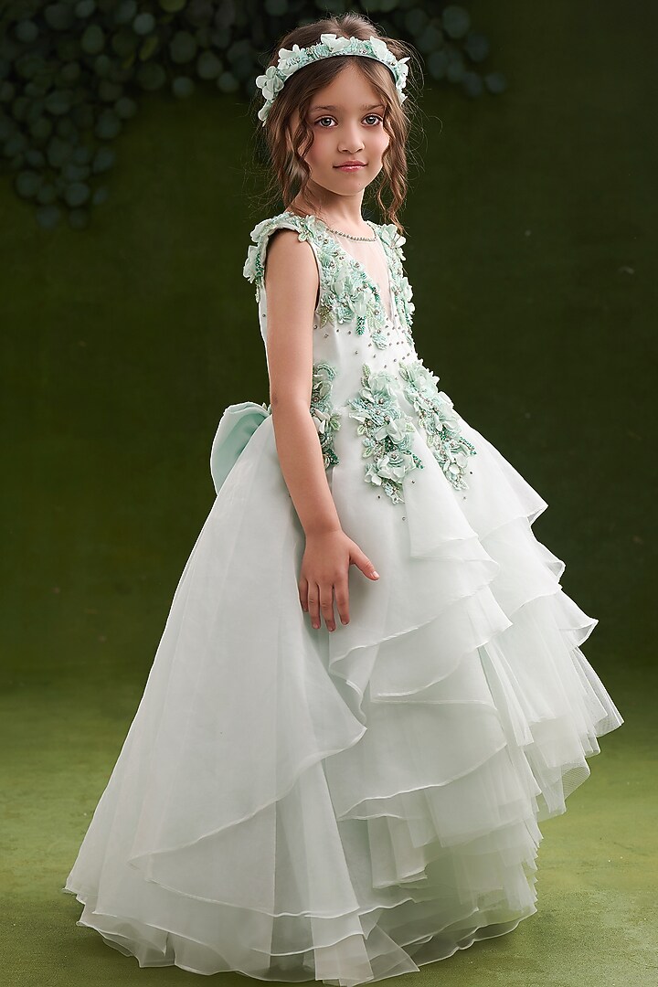 Green Organza Tissue Floral Embellished Gown For Girls by Pooja Wang at Pernia's Pop Up Shop