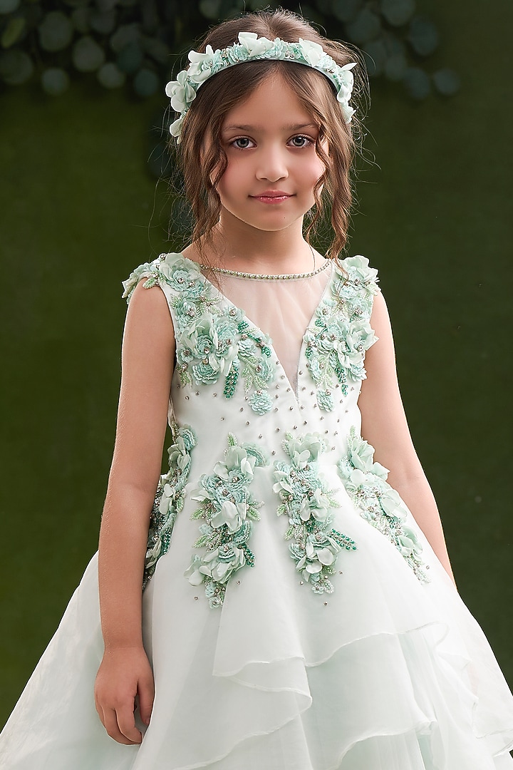 Green Organza Tissue Floral Embellished Gown For Girls by Pooja Wang at Pernia's Pop Up Shop