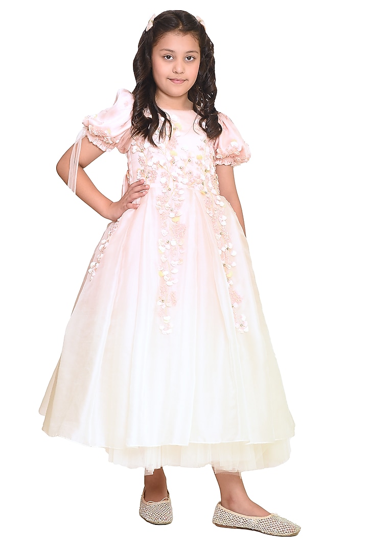 Ivory Organza Tissue Embroidered Gown For Girls by Pooja Wang at Pernia's Pop Up Shop