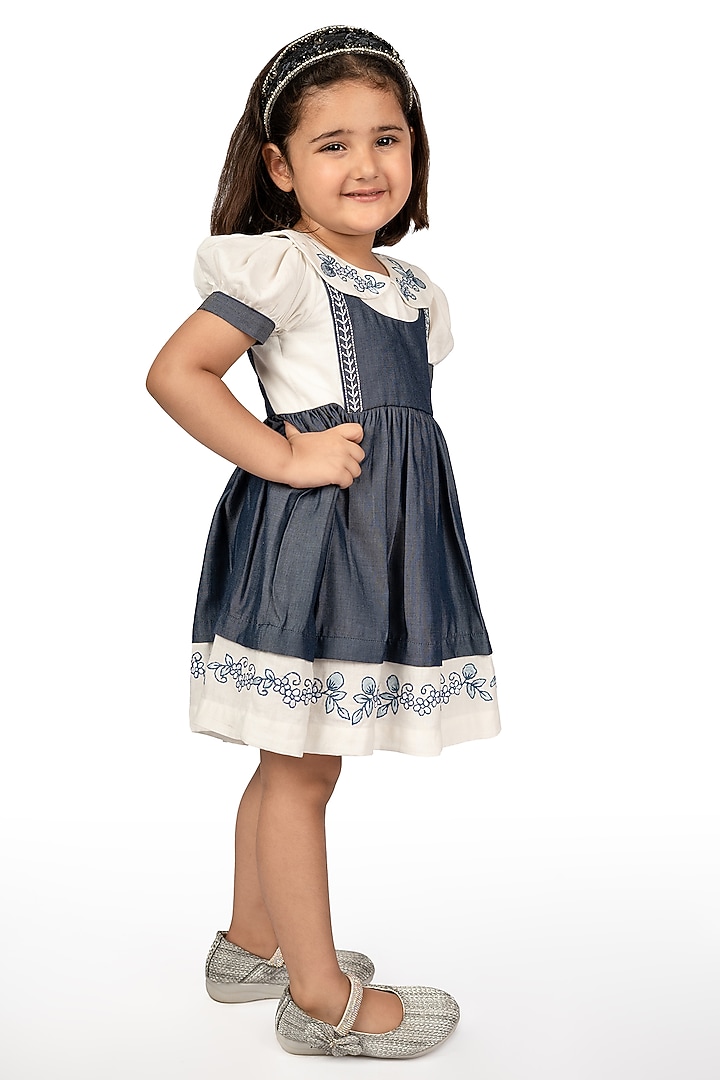 Blue Denim Embroidered Dress For Girls by Pooja Wang at Pernia's Pop Up Shop