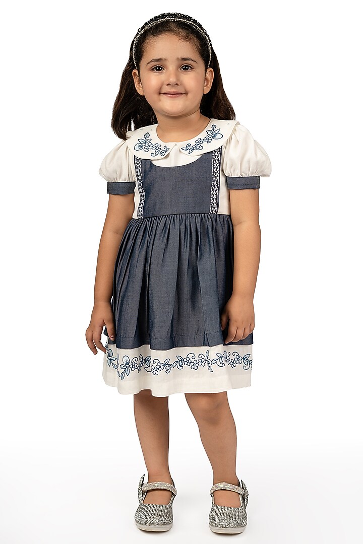 Blue Denim Embroidered Dress For Girls by Pooja Wang at Pernia's Pop Up Shop