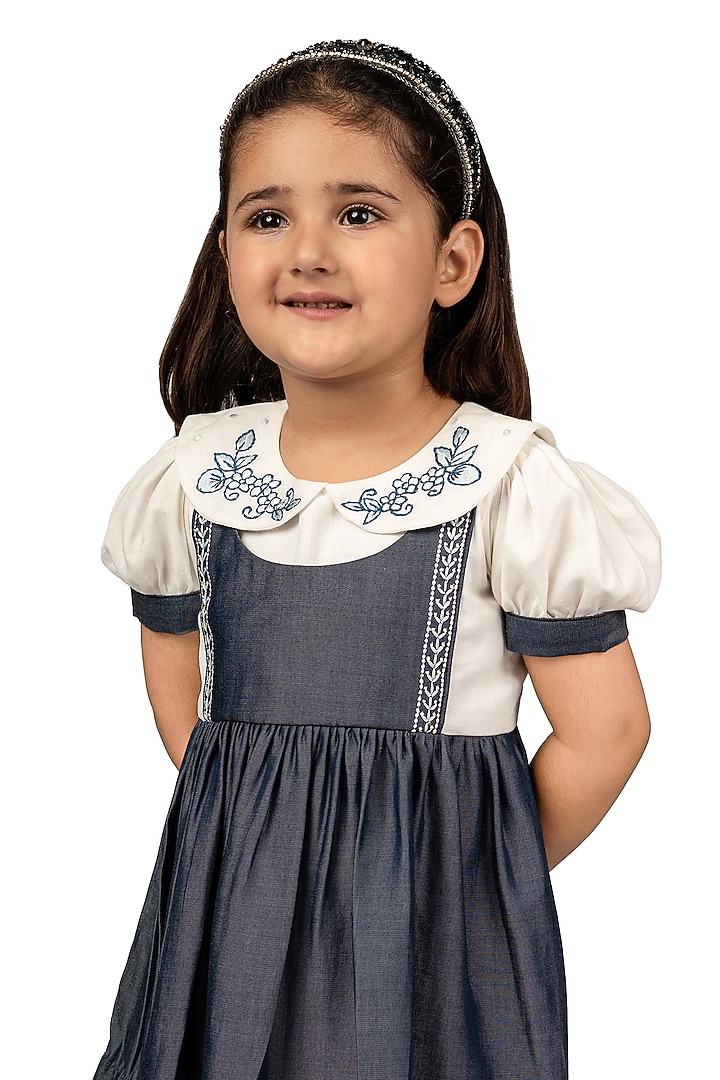 Blue Denim Embroidered Dress For Girls by Pooja Wang at Pernia's Pop Up Shop