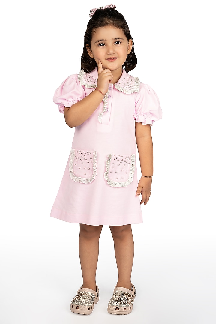 Baby Pink Polo Embroidered Dress For Girls by Pooja Wang at Pernia's Pop Up Shop