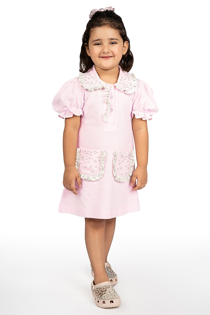 Baby Pink Polo Embroidered Dress For Girls by Pooja Wang at Pernia's Pop Up Shop
