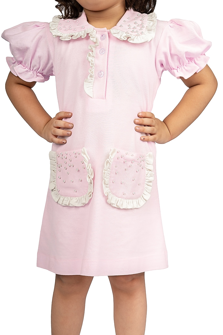 Baby Pink Polo Embroidered Dress For Girls by Pooja Wang at Pernia's Pop Up Shop