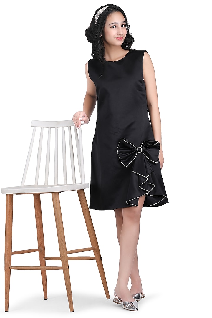 Black Dutch Satin Embroidered Dress For Girls by Pooja Wang at Pernia's Pop Up Shop
