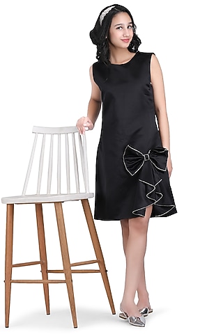 Black Dutch Satin Embroidered Dress For Girls by Pooja Wang