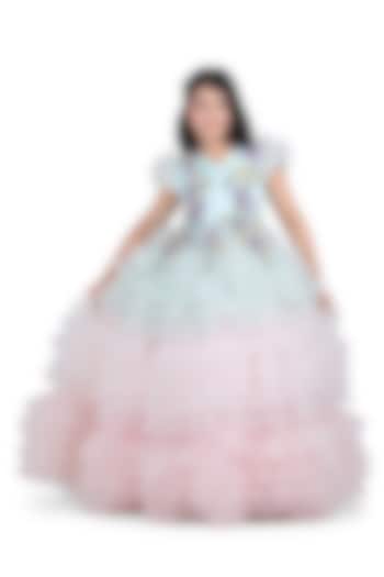 Mint Net Embroidered Gown For Girls by Pooja Wang at Pernia's Pop Up Shop