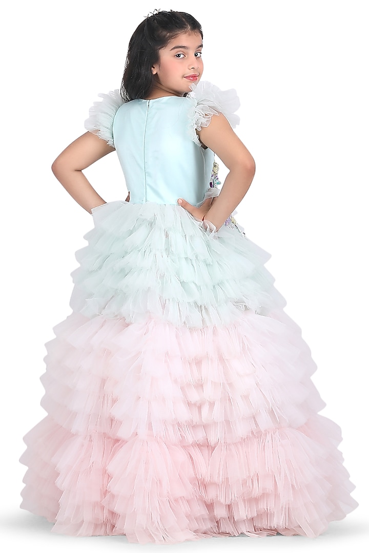 Mint Net Embroidered Gown For Girls by Pooja Wang at Pernia's Pop Up Shop