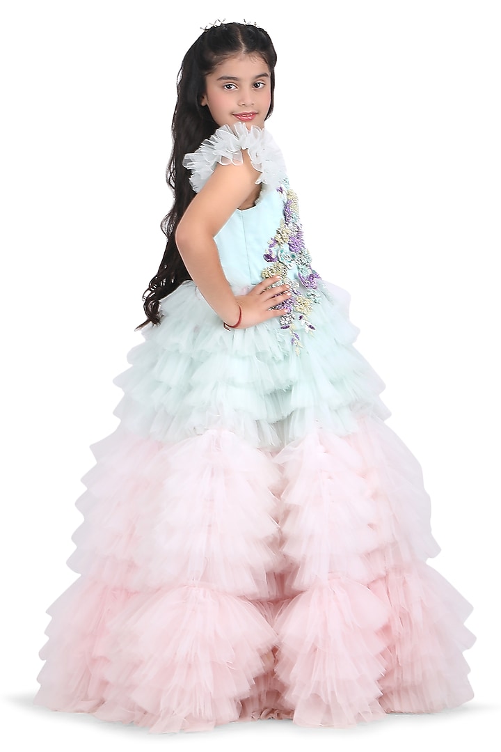 Mint Net Embroidered Gown For Girls by Pooja Wang at Pernia's Pop Up Shop