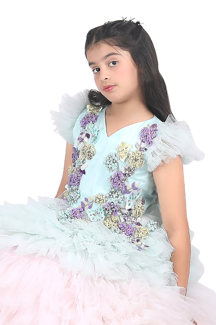 Mint Net Embroidered Gown For Girls by Pooja Wang at Pernia's Pop Up Shop