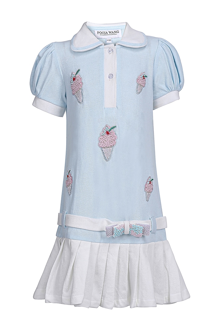 Ice Blue Polo Embroidered Dress For Girls by Pooja Wang at Pernia's Pop Up Shop