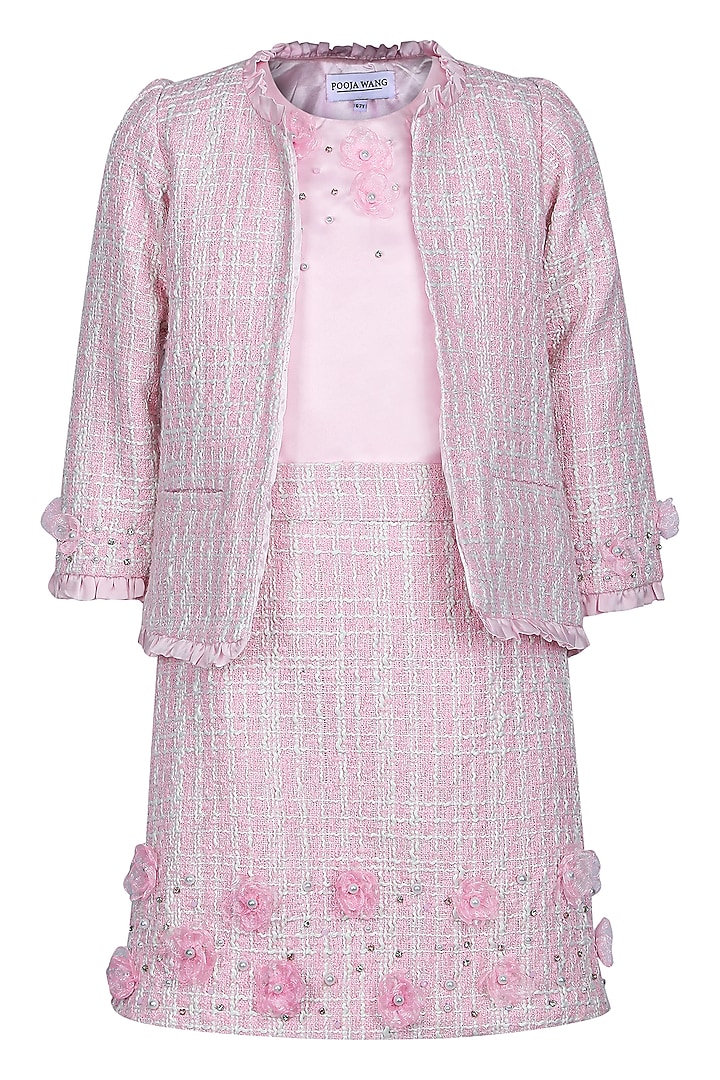 Baby Pink Tweed Embroidered Jacket Set For Girls by Pooja Wang at Pernia's Pop Up Shop