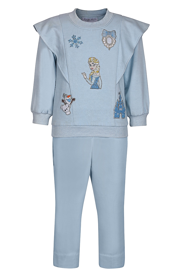 Ice Blue Fleece Co-Ord Set For Girls by Pooja Wang at Pernia's Pop Up Shop