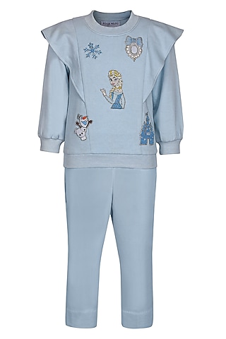 Ice Blue Fleece Co-Ord Set For Girls by Pooja Wang