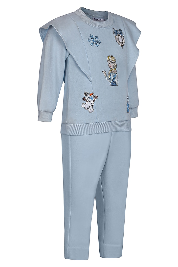 Ice Blue Fleece Co-Ord Set For Girls by Pooja Wang at Pernia's Pop Up Shop