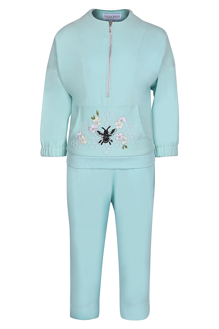 Sea Green Fleece Co-Ord Set For Girls by Pooja Wang at Pernia's Pop Up Shop