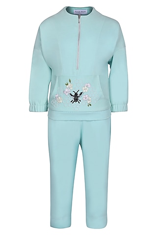 Sea Green Fleece Co-Ord Set For Girls by Pooja Wang