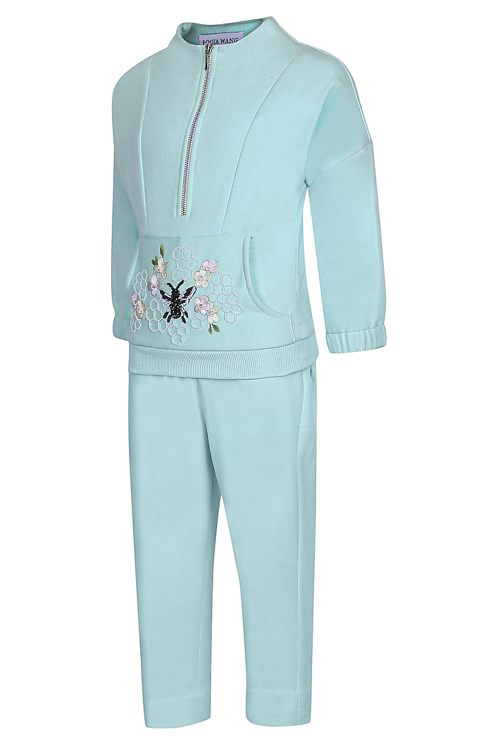 Sea Green Fleece Co-Ord Set For Girls by Pooja Wang at Pernia's Pop Up Shop