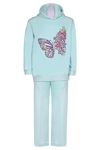 Sea Green Fleece Co-Ord Set For Girls by Pooja Wang