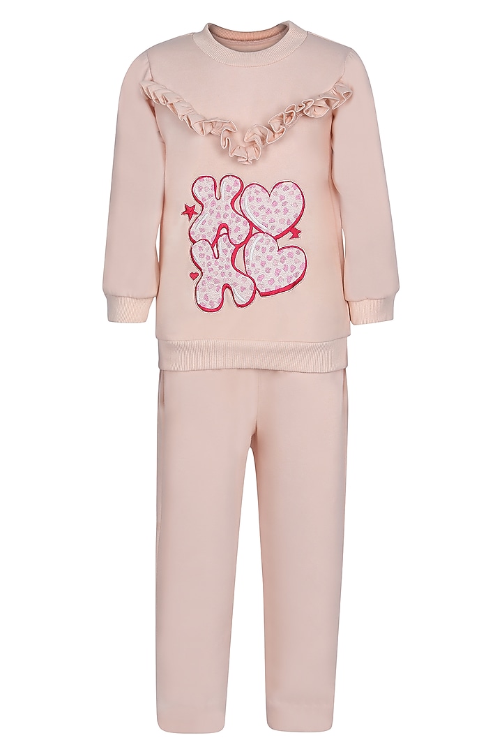 Peach Fleece Embroidered Co-Ord Set For Girls by Pooja Wang at Pernia's Pop Up Shop