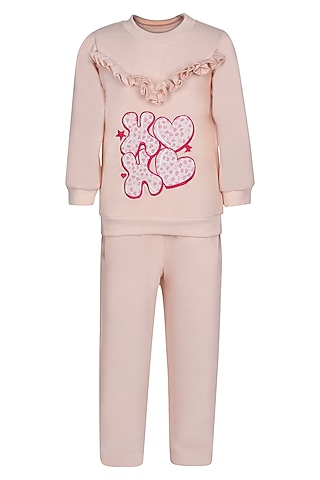 Peach Fleece Embroidered Co-Ord Set For Girls by Pooja Wang