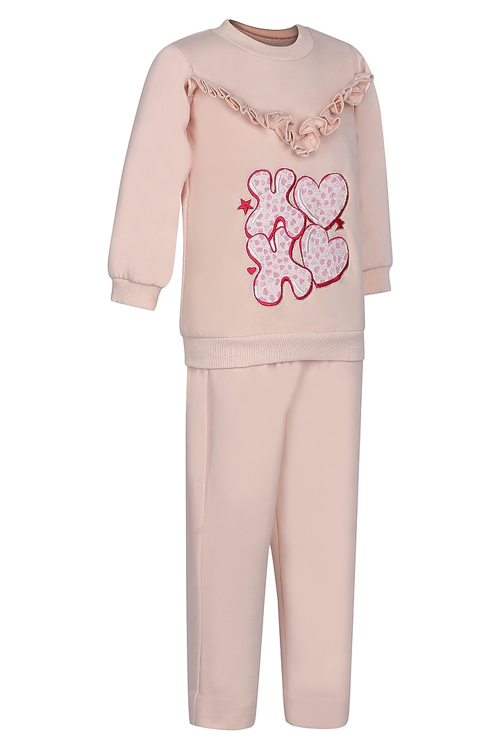 Peach Fleece Embroidered Co-Ord Set For Girls by Pooja Wang at Pernia's Pop Up Shop