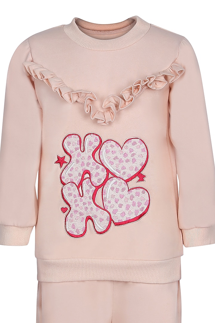 Peach Fleece Embroidered Co-Ord Set For Girls by Pooja Wang at Pernia's Pop Up Shop
