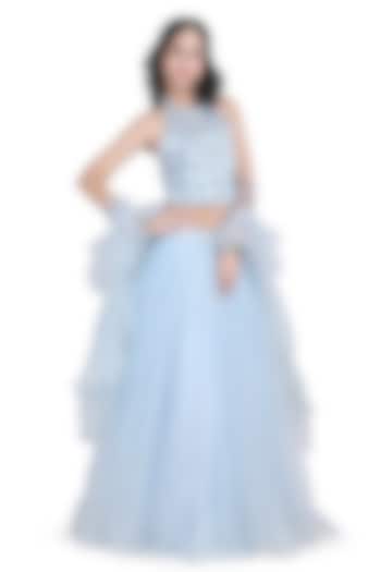 Ice Blue Net Lehenga Set For Girls by Pooja Wang at Pernia's Pop Up Shop