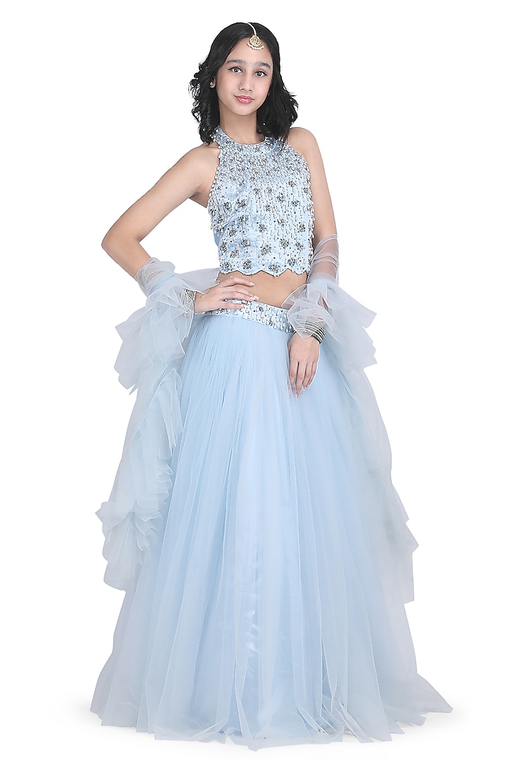 Ice Blue Net Lehenga Set For Girls by Pooja Wang at Pernia's Pop Up Shop
