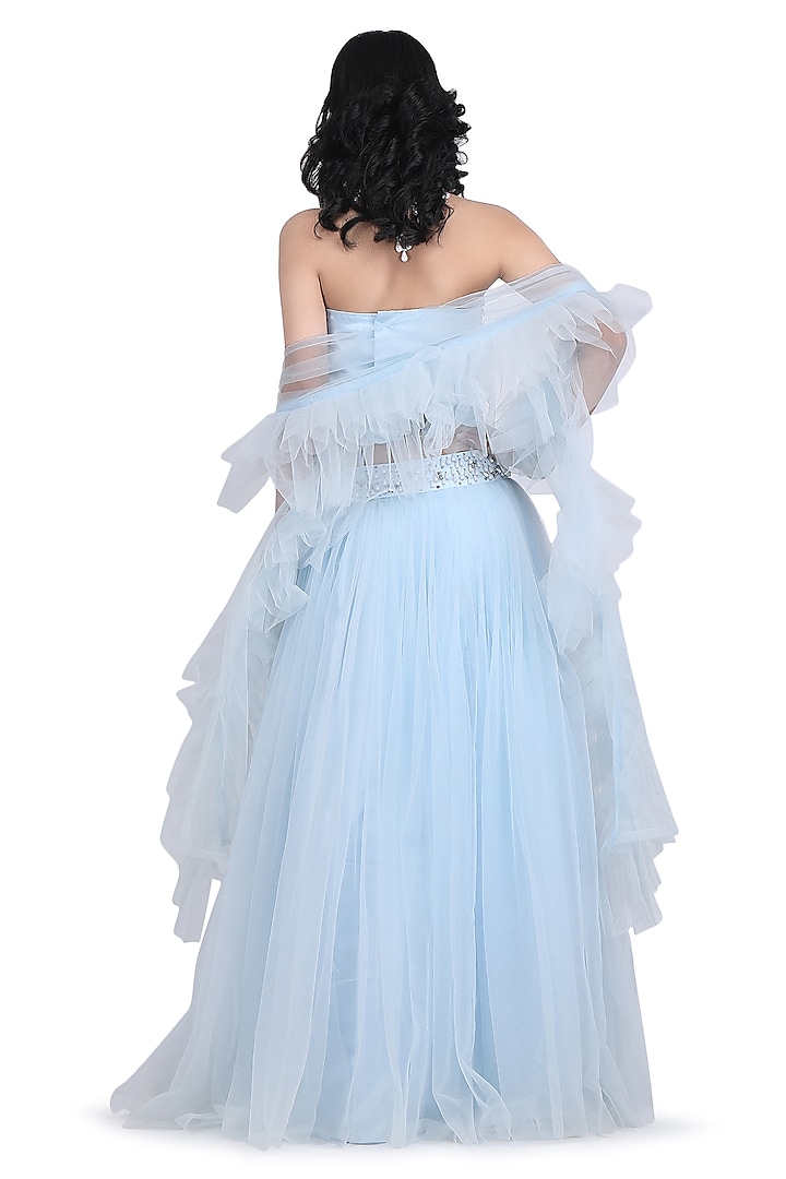 Ice Blue Net Lehenga Set For Girls by Pooja Wang at Pernia's Pop Up Shop