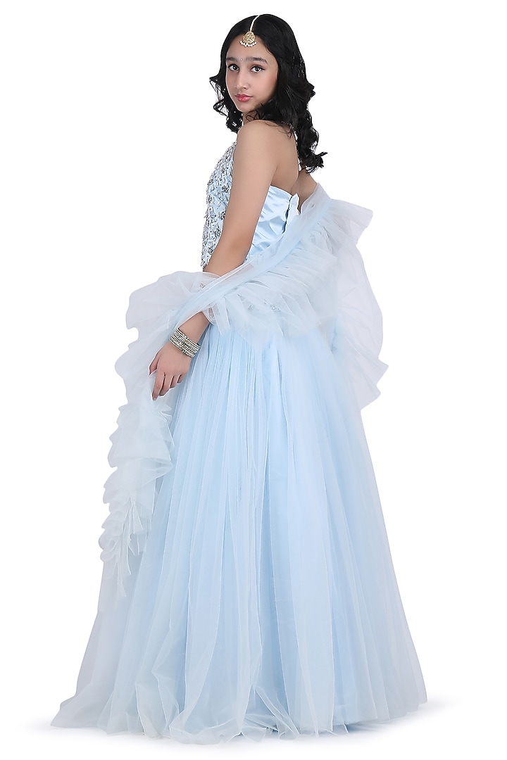 Ice Blue Net Lehenga Set For Girls by Pooja Wang at Pernia's Pop Up Shop
